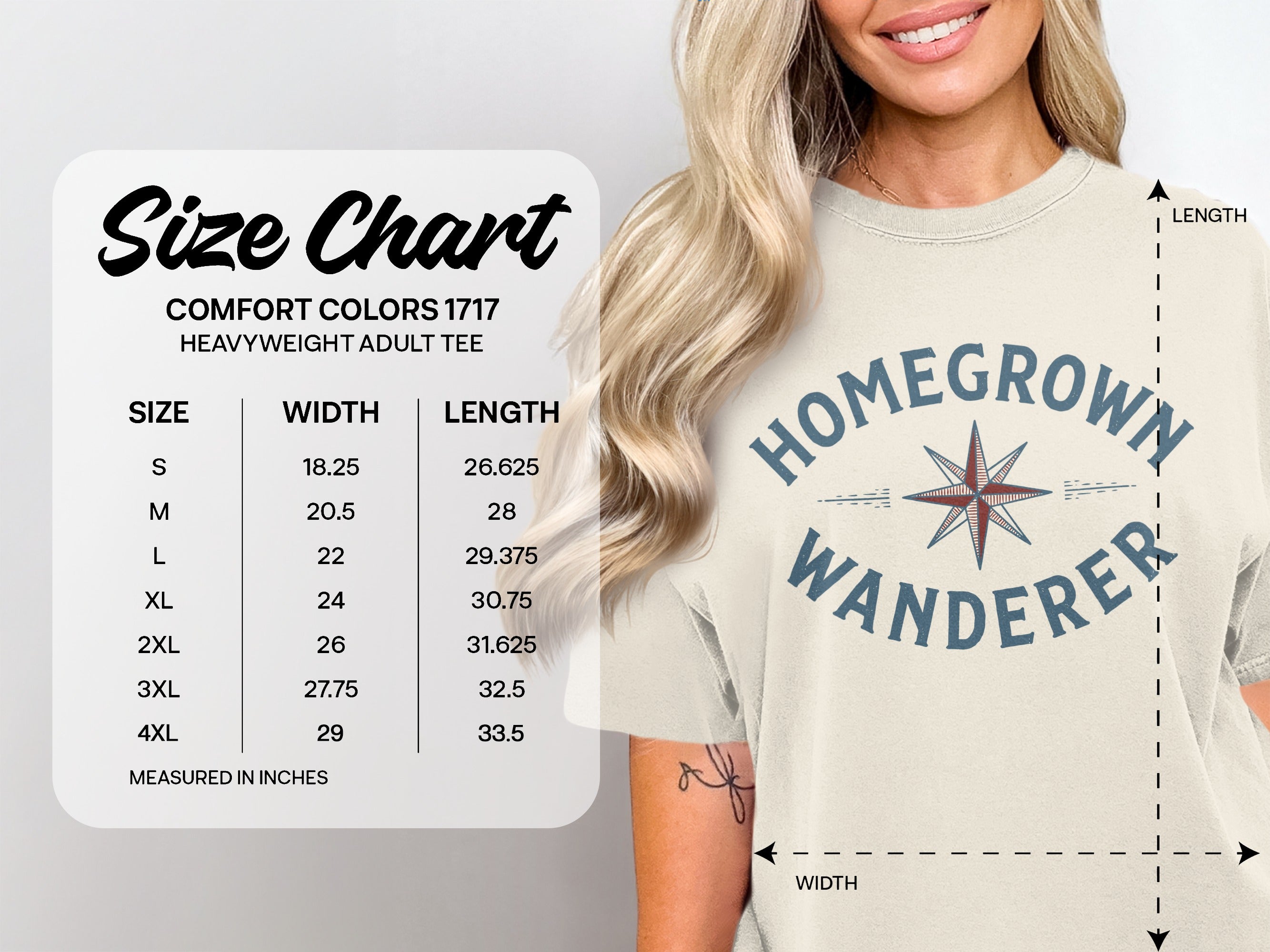 Comfort Colors 1717 size chart for heavyweight adult tees, measured in inches.