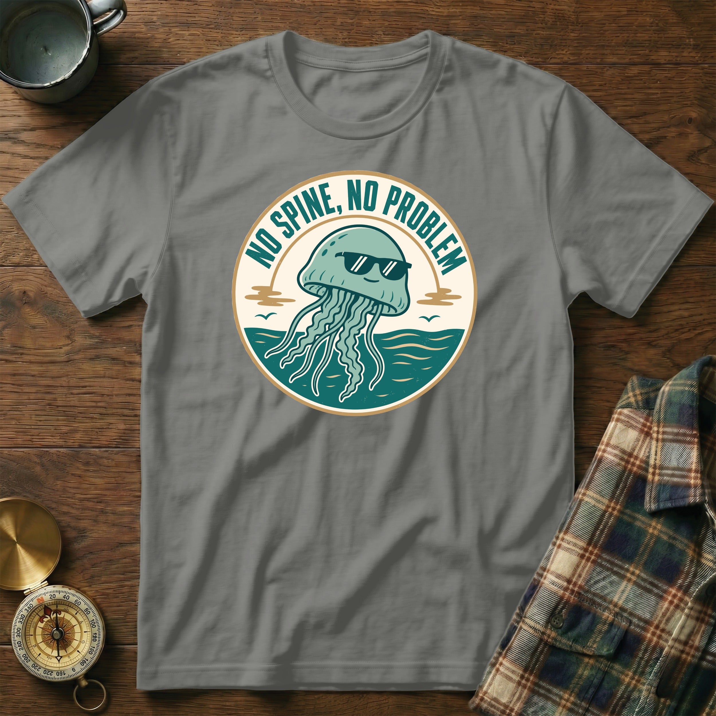 Gray t-shirt with a circular graphic of a cool jellyfish wearing sunglasses and text "NO SPINE, NO PROBLEM."