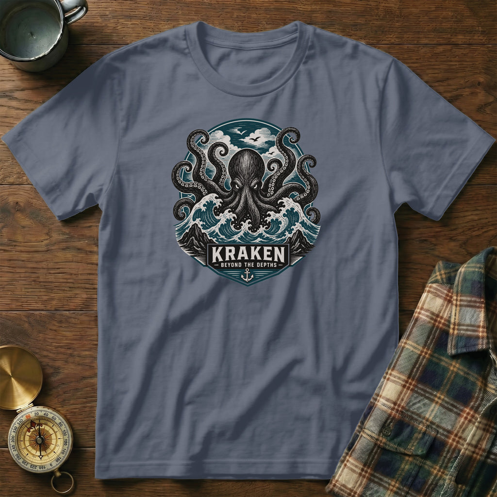 Slate grey t-shirt with Kraken octopus graphic and text "KRAKEN BEYOND THE DEPTHS".