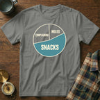 Gray t-shirt with a circle graphic divided into sections: Complaining, Miles, and Snacks.