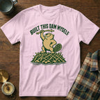Pink t-shirt with beaver graphic and text "BUILT THIS DAM MYSELF".