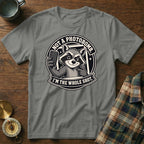 T-shirt graphic of a raccoon taking a selfie with text "NOT A PHOTOBOMB. I'M THE WHOLE SHOT."
