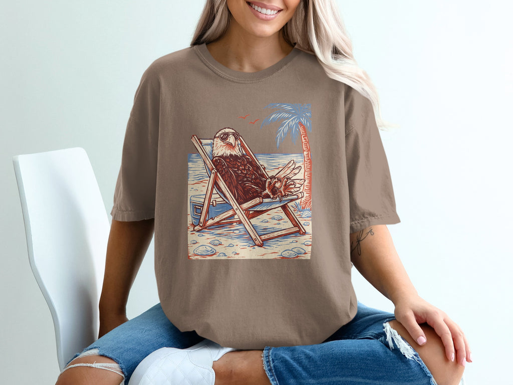Bald eagle wearing sunglasses relaxes in a beach chair with a palm tree.