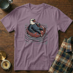 Bald eagle wearing sunglasses and floating on an inner tube with a drink.