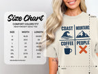 Comfort Colors 1717 heavyweight adult tee size chart with width and length measurements.