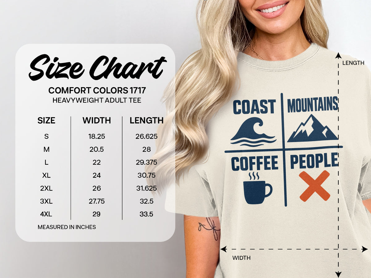 Comfort Colors 1717 heavyweight adult tee size chart with width and length measurements.