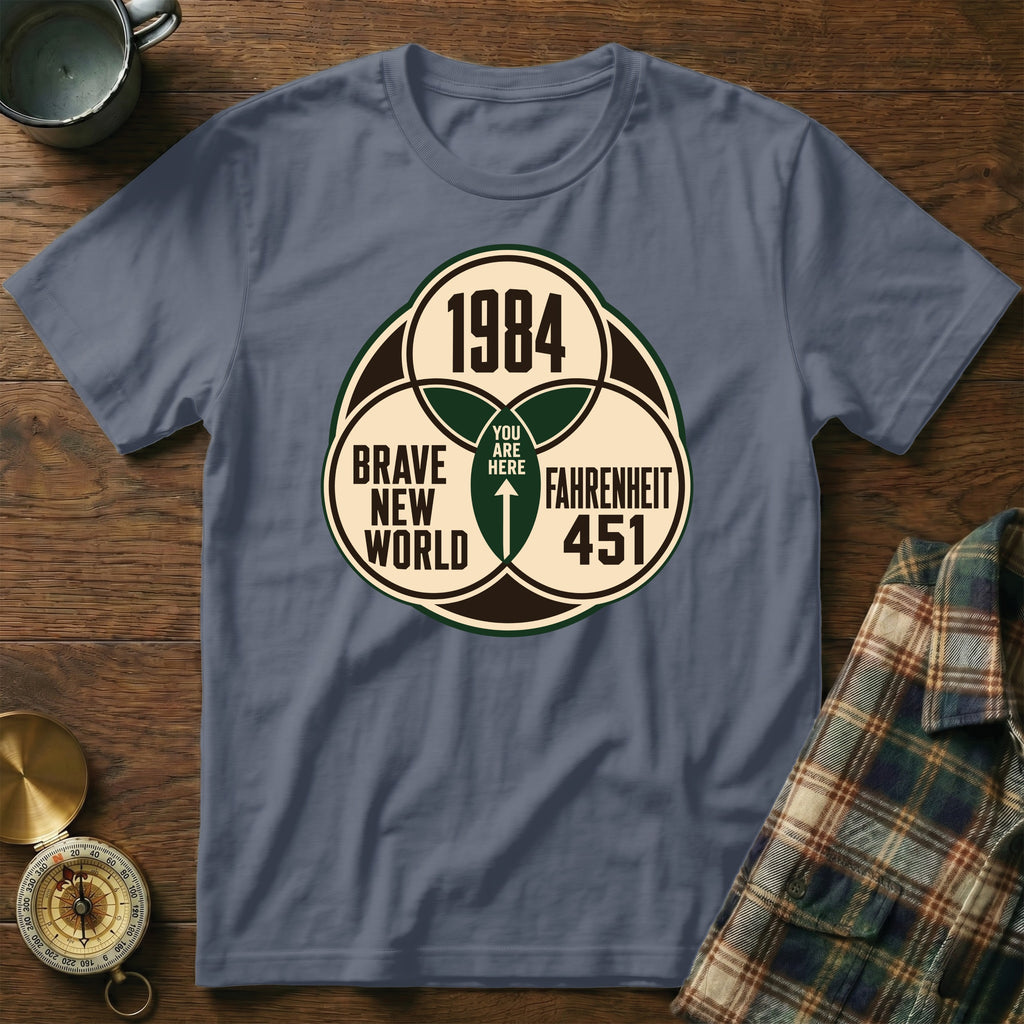 T-shirt with graphic "1984 You Are Here Brave New World Fahrenheit 451"