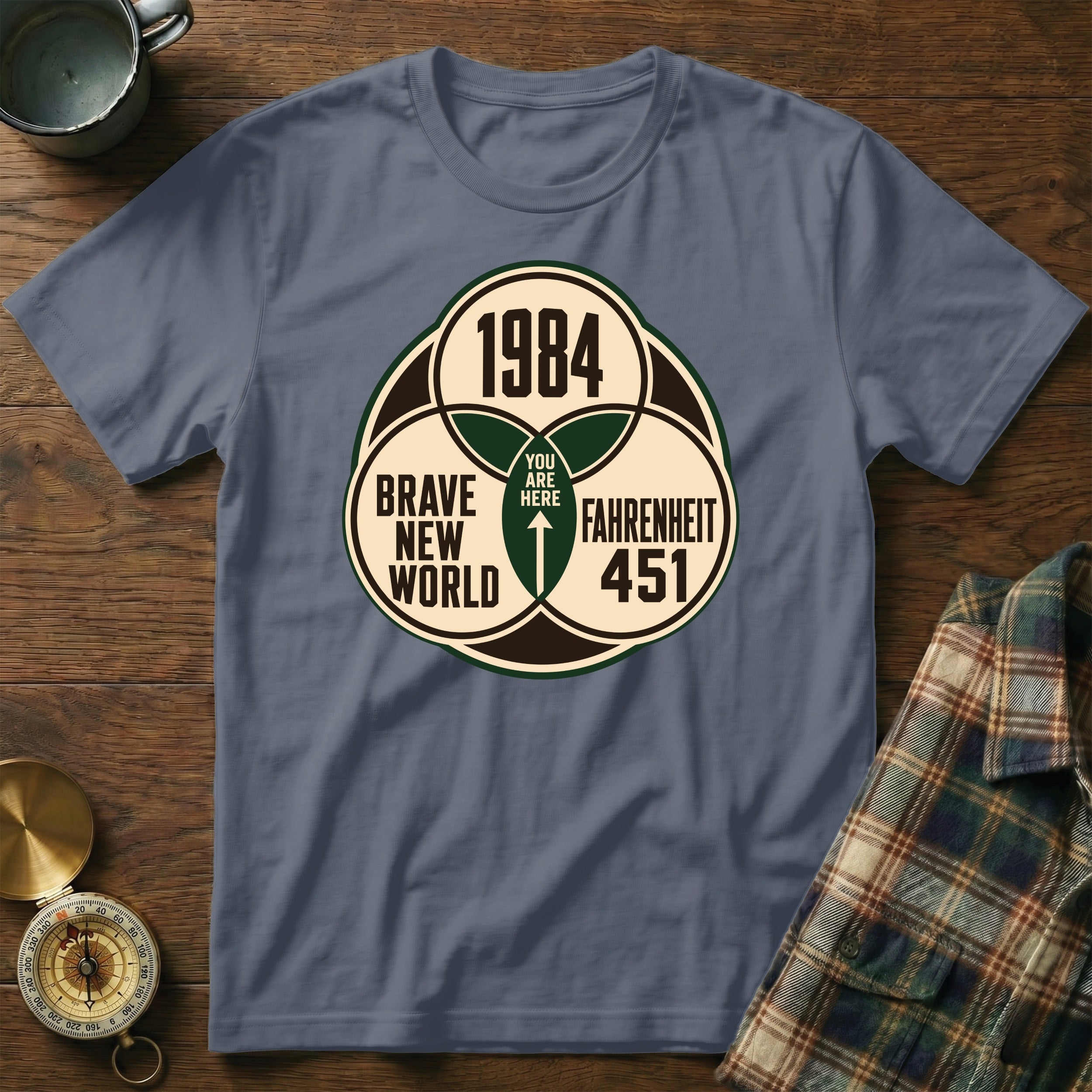 T-shirt with graphic "1984 You Are Here Brave New World Fahrenheit 451"