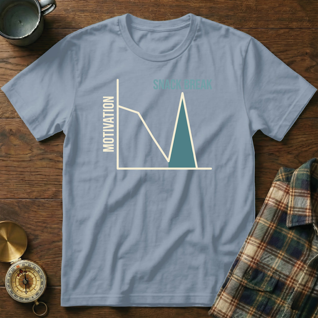 Light blue t-shirt with "Motivation" and "Snack Break" graph design.
