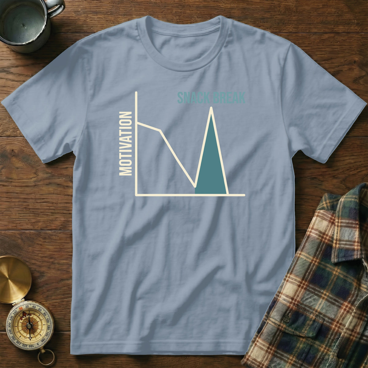 Light blue t-shirt with "Motivation" and "Snack Break" graph design.
