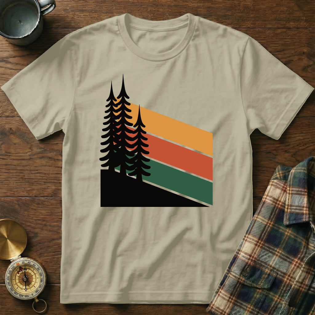 T-shirt with abstract pine trees and retro stripes design.