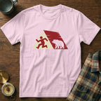 Pink t-shirt with running person and bear graphic.