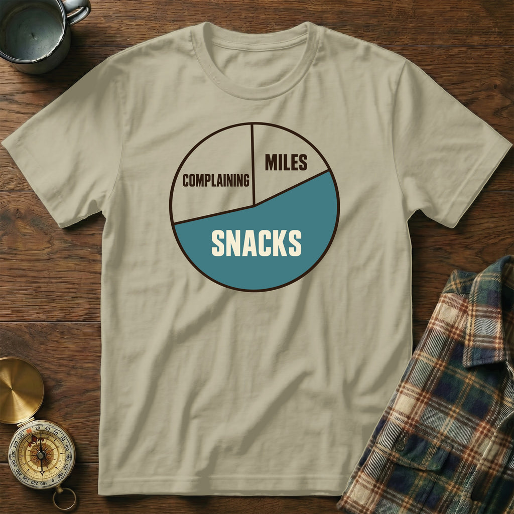 T-shirt with a pie chart graphic showing "Complaining," "Miles," and "Snacks."