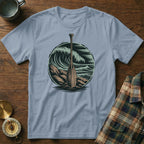 Light blue t-shirt with wood and wave graphic.