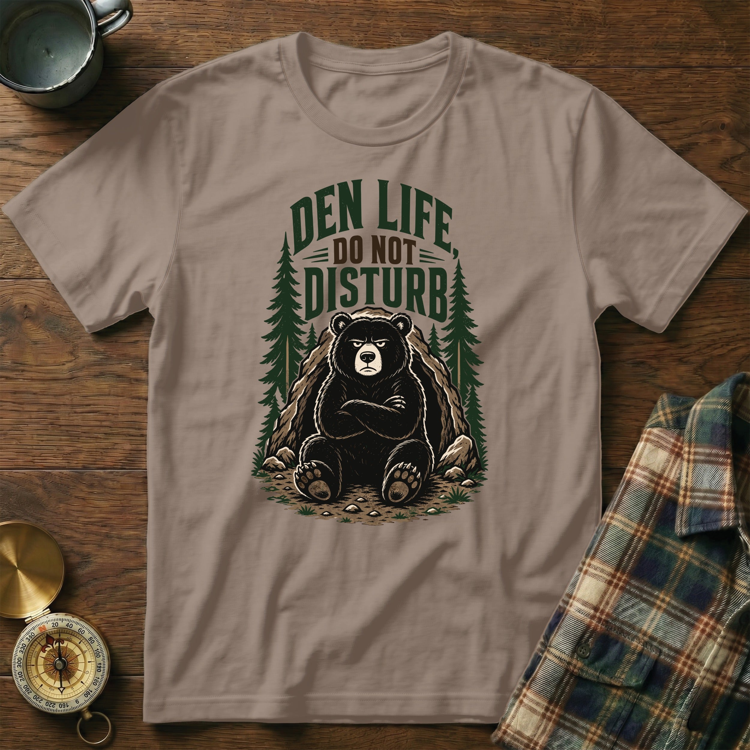 Bear wearing sunglasses with "DEN LIFE DO NOT DISTURB" text.