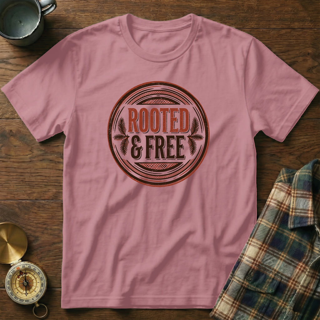 Pink t-shirt with text "ROOTED & FREE" in a circular badge.