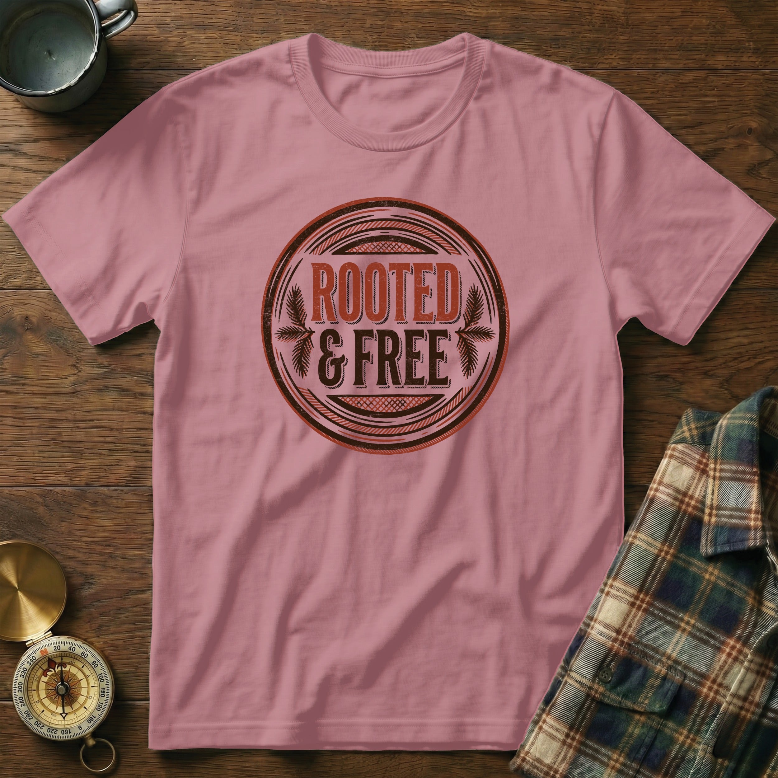 Pink t-shirt with text "ROOTED & FREE" in a circular badge.