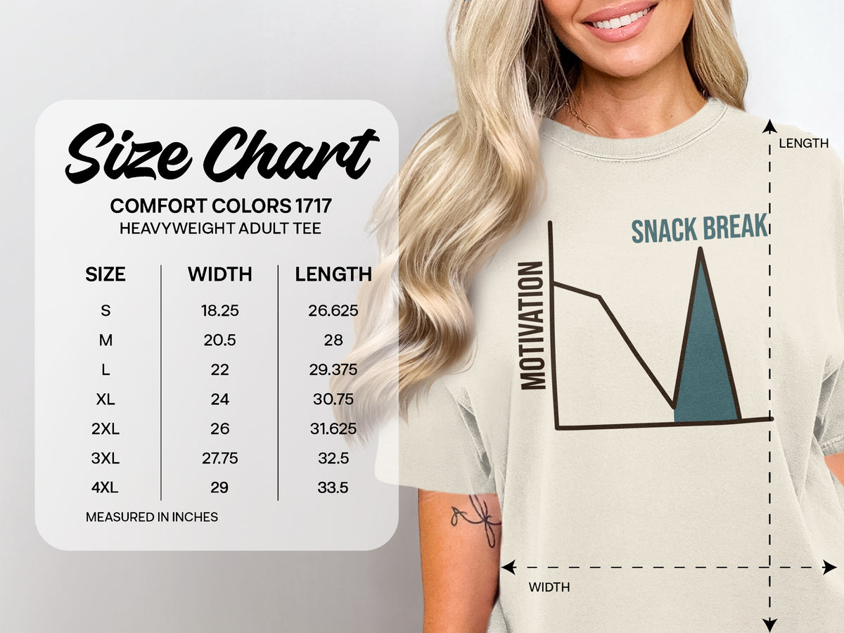 Size chart for Comfort Colors 1717 heavyweight adult tee with measurements.