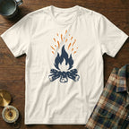 White t-shirt with a distressed graphic of a campfire and flames.