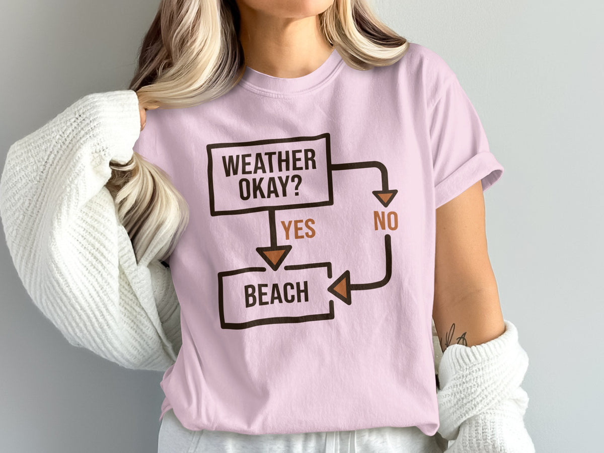 Pink t-shirt with a flowchart about the beach that says "Weather Okay? Yes Beach, No".