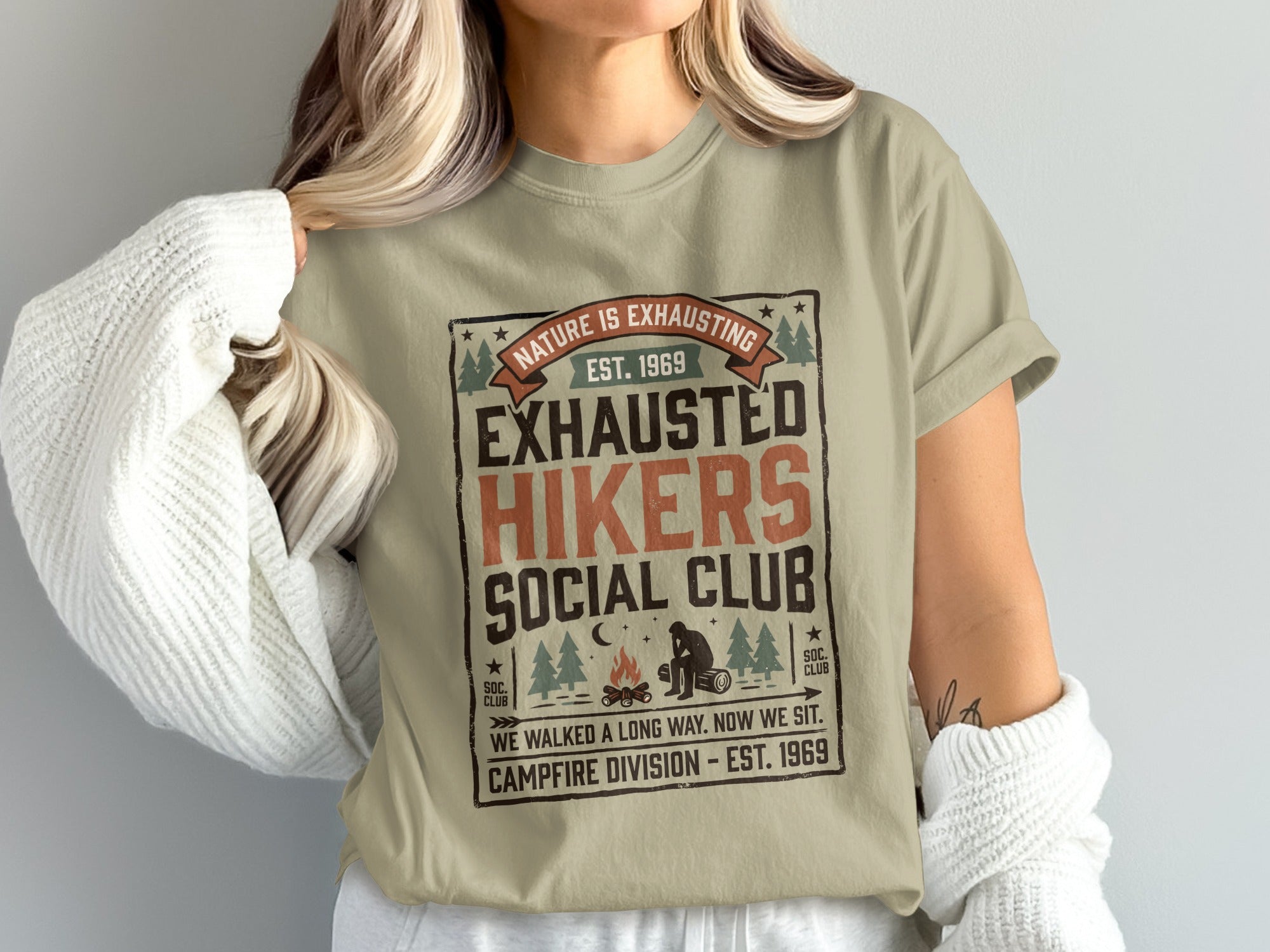 Exhausted Hikers Social Club t-shirt with nature graphic and text.