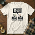 White t-shirt with a "Snacks Packed?" flowchart graphic.