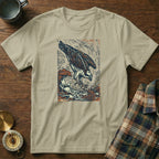 Osprey diving into waves, vintage artistic illustration on tan t-shirt.