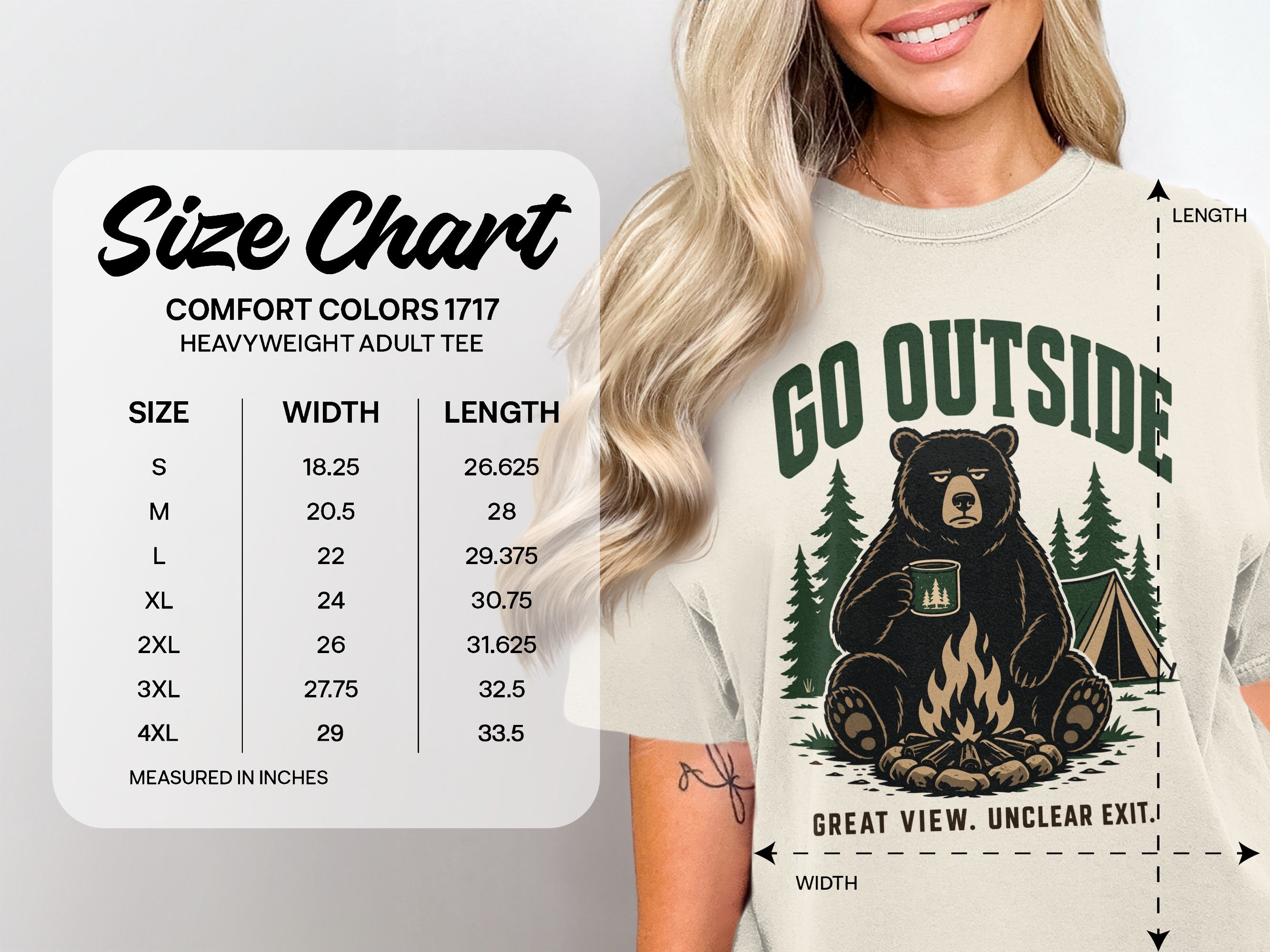 Size chart for Comfort Colors 1717 heavyweight adult tee with graphic of bear and tent.