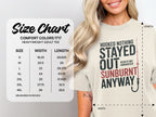Comfort Colors 1717 heavyweight adult tee size chart with "Hooked Nothing Stayed Out Sunburnt Anyway" graphic.