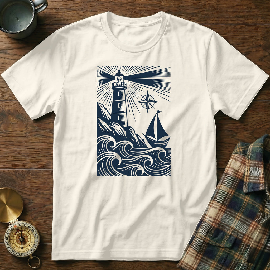 T-shirt design with lighthouse, sailboat, and waves.