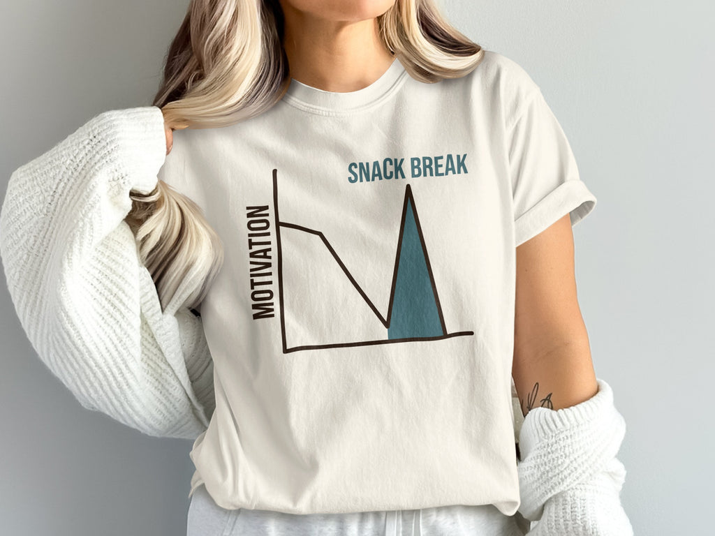 White t-shirt with a graph showing motivation dropping then spiking with "SNACK BREAK" text.