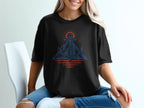 Black t-shirt with blue and red anchor, mountain, and sun graphic.