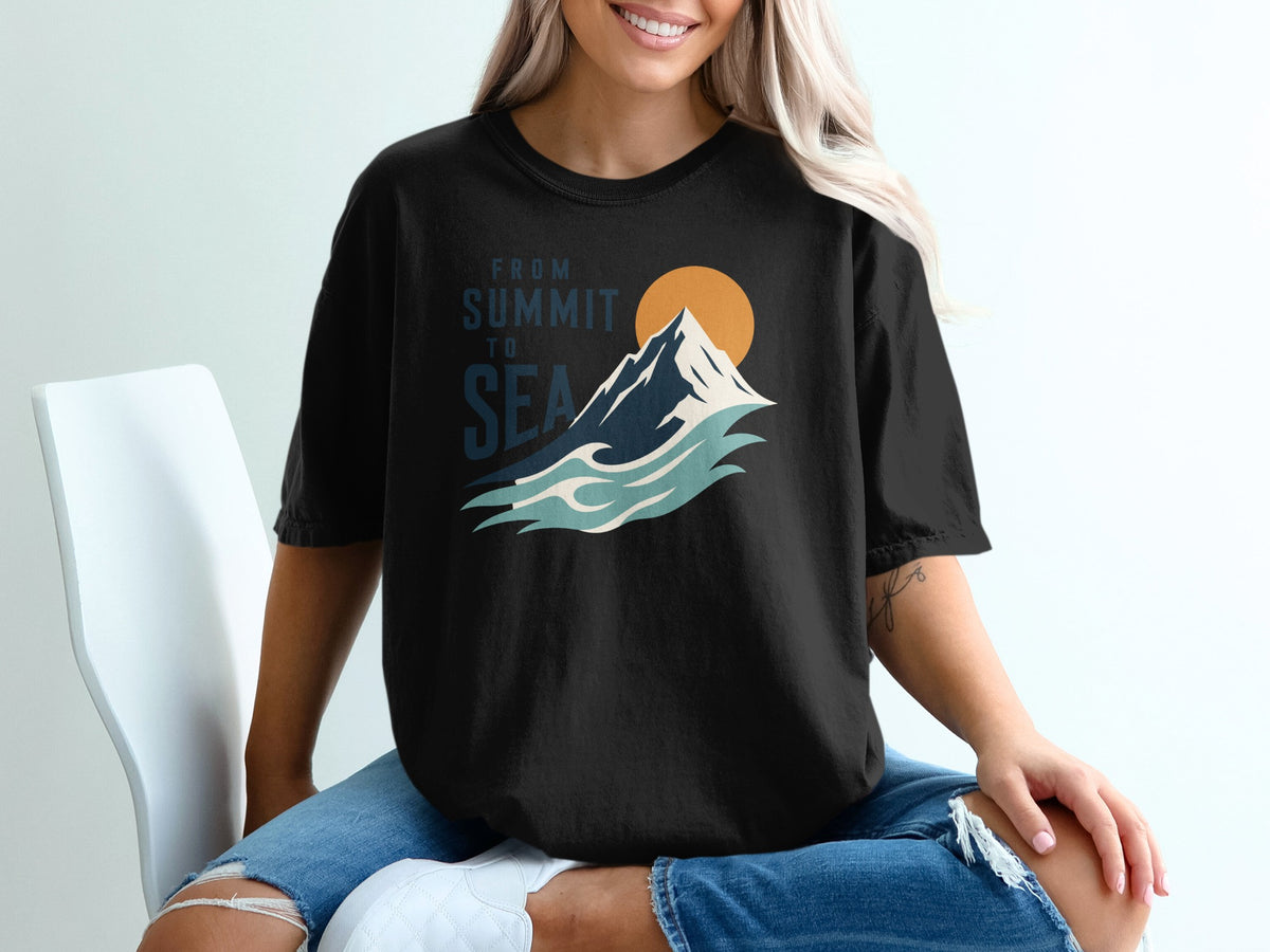 Black t-shirt with "FROM SUMMIT TO SEA" text and mountain and wave graphic.