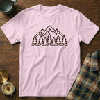 Light pink t-shirt with black outline mountain and tree graphic.