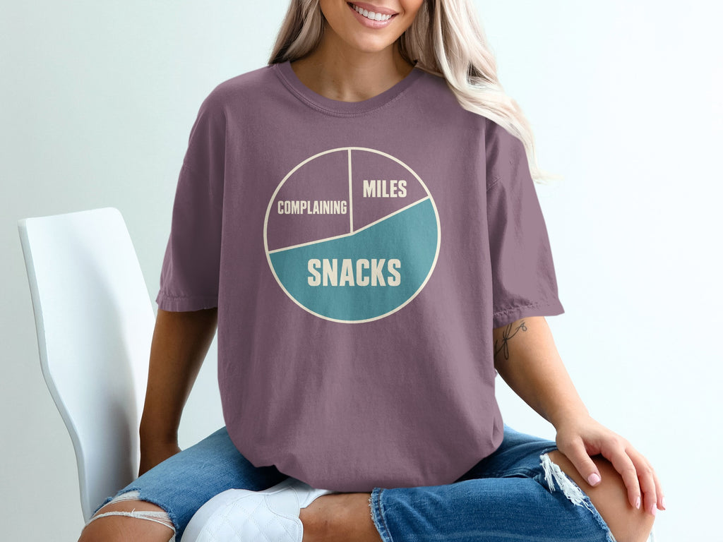 Purple t-shirt with pie chart graphic: complaining, miles, and snacks.