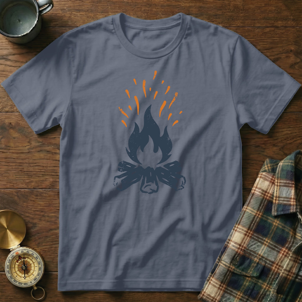 Gray t-shirt with a stylized orange and blue campfire graphic.