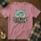 Pink t-shirt with a cartoon crab wearing sunglasses and text "SIDEWAYS BY CHOICE".