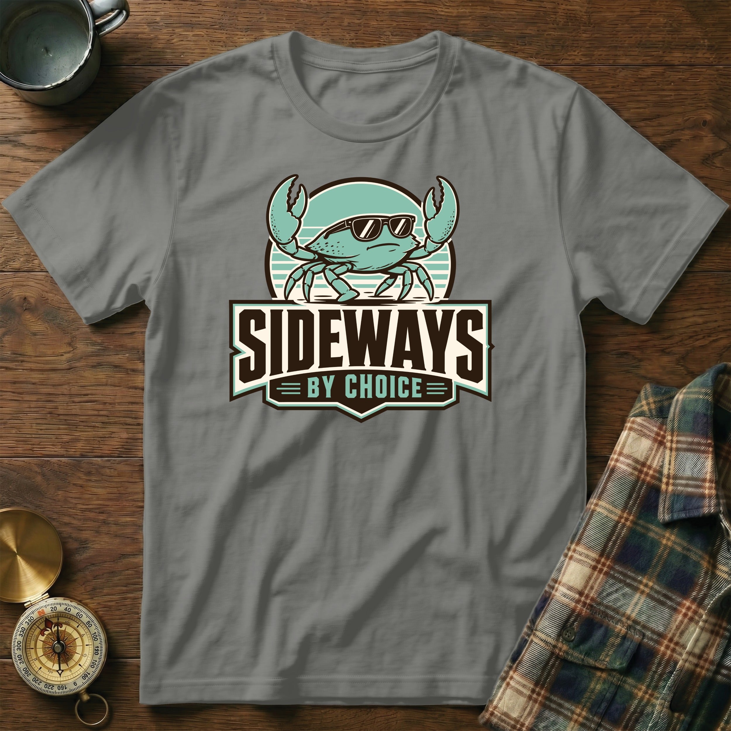 Grey t-shirt with a cartoon crab in sunglasses and "SIDEWAYS BY CHOICE" text.
