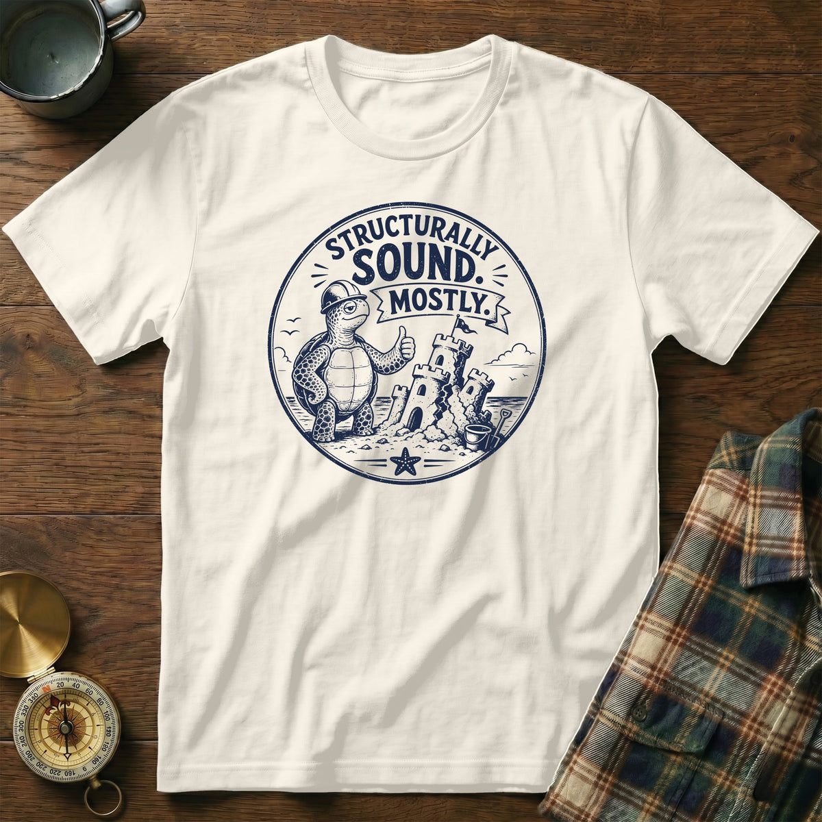 White t-shirt with cartoon turtle building a sandcastle, text "Structurally Sound. Mostly."