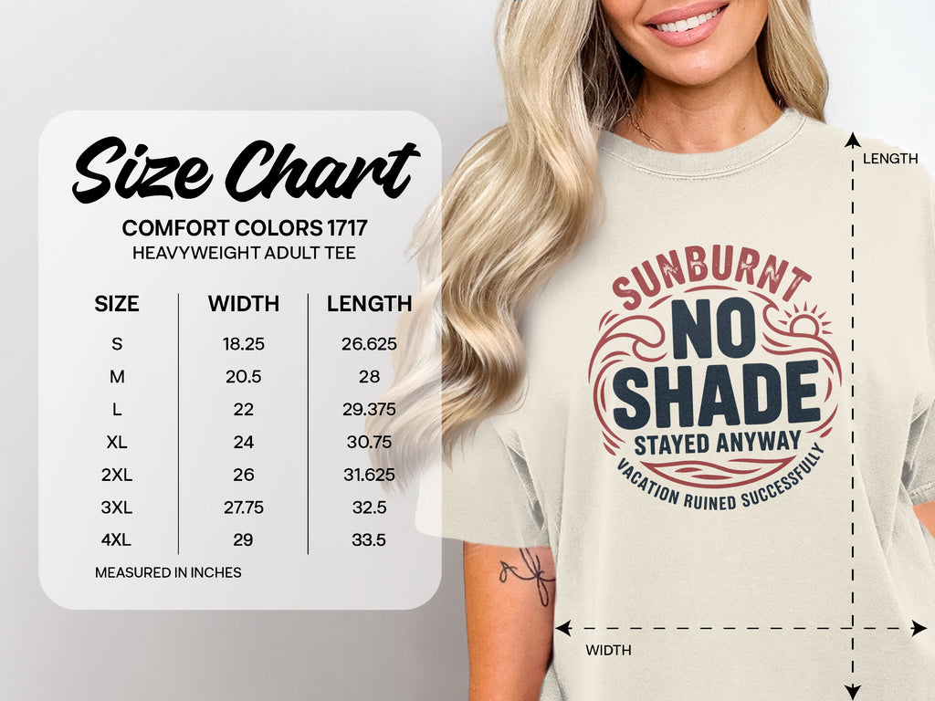 Size chart for Comfort Colors heavyweight adult tee, with shirt graphic.