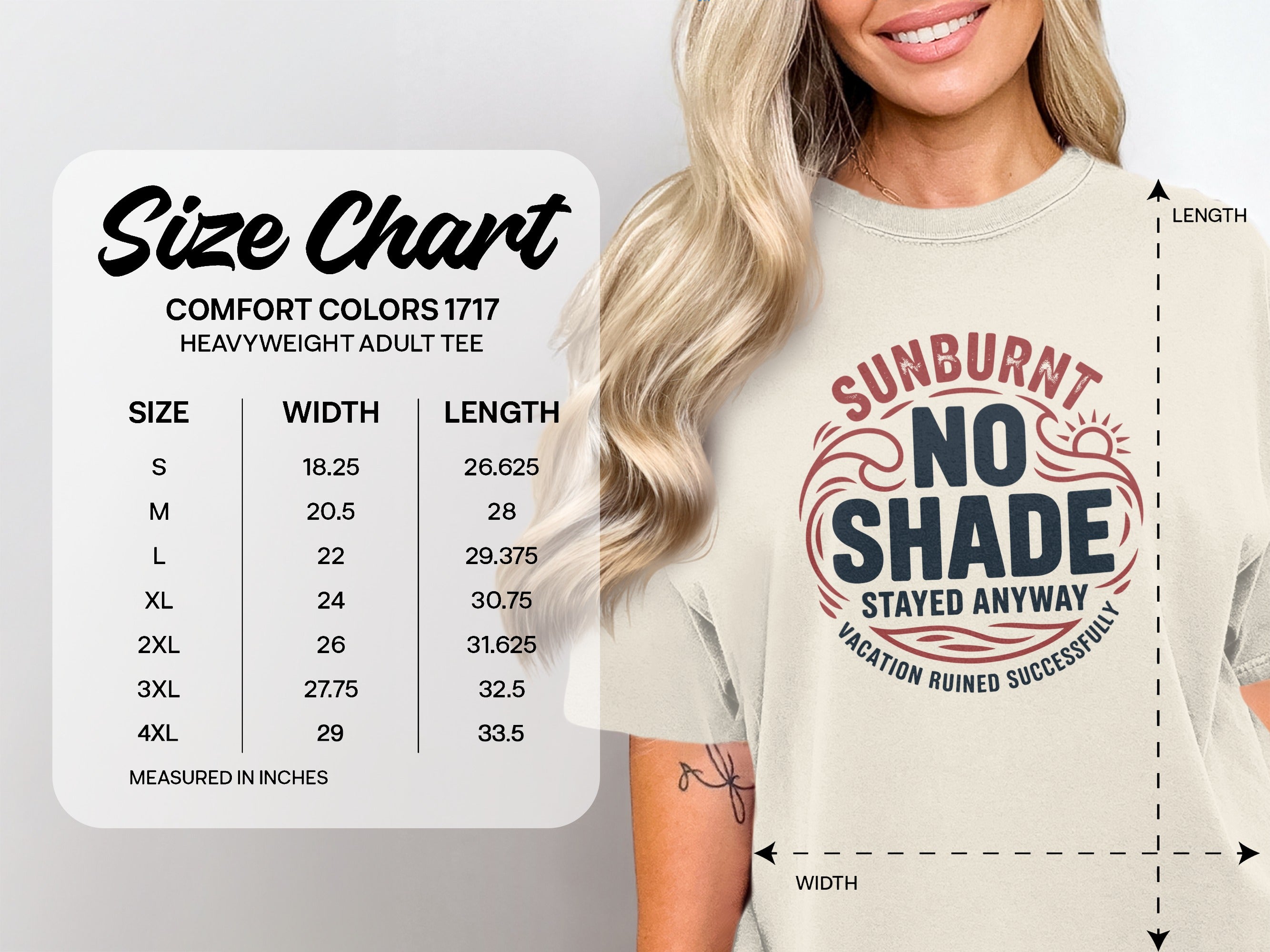 Size chart for Comfort Colors heavyweight adult tee, with shirt graphic.