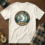 White t-shirt with a circular graphic of a seagull holding a french fry, reading "Professional Fry Thief."