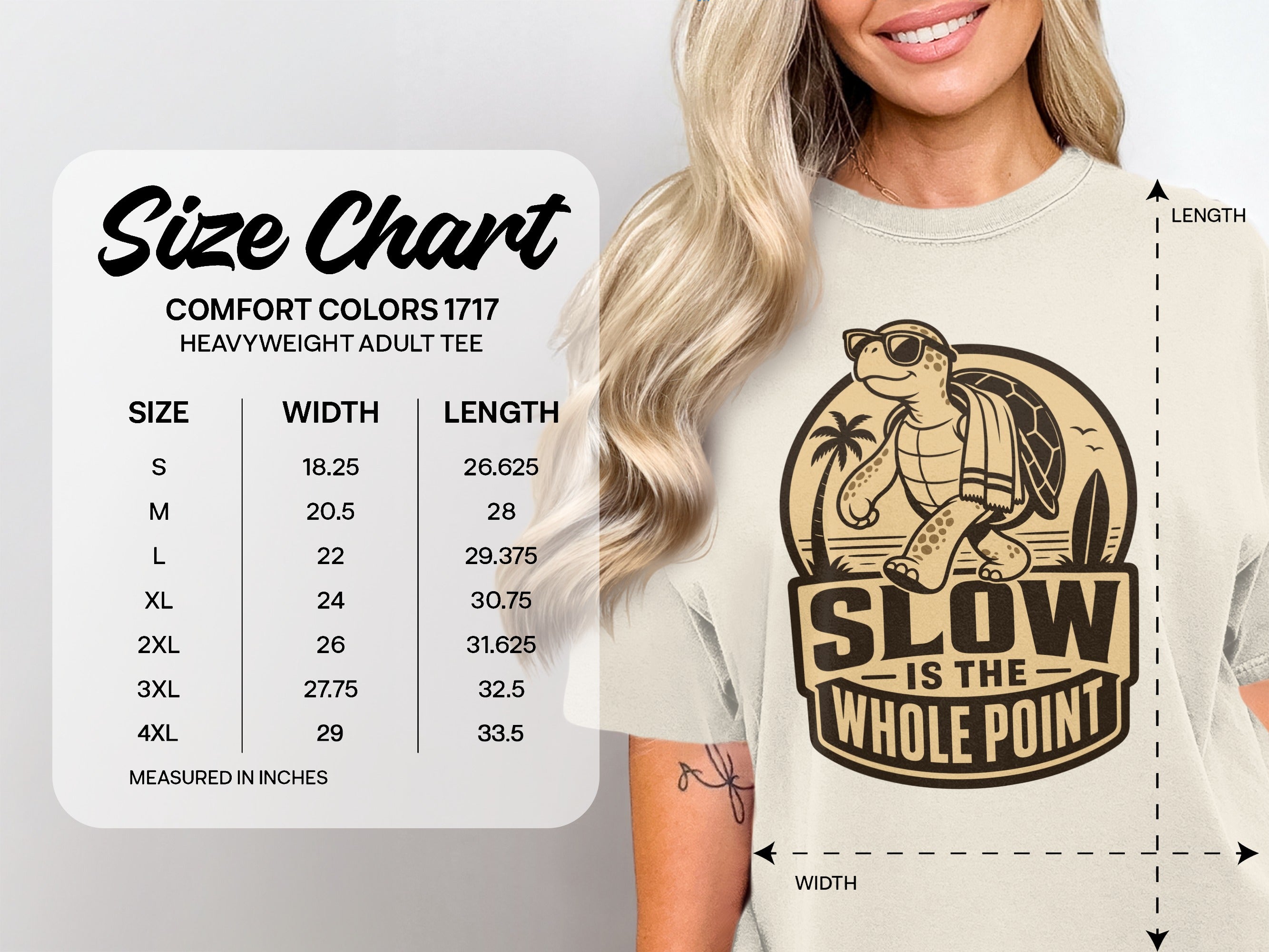 Comfort Colors 1717 heavyweight adult tee size chart with turtle graphic.