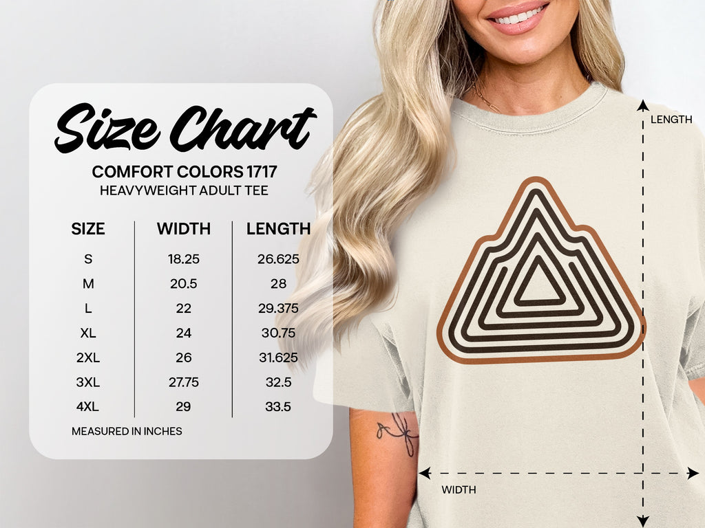 Comfort Colors 1717 heavyweight adult tee size chart with width and length measurements.
