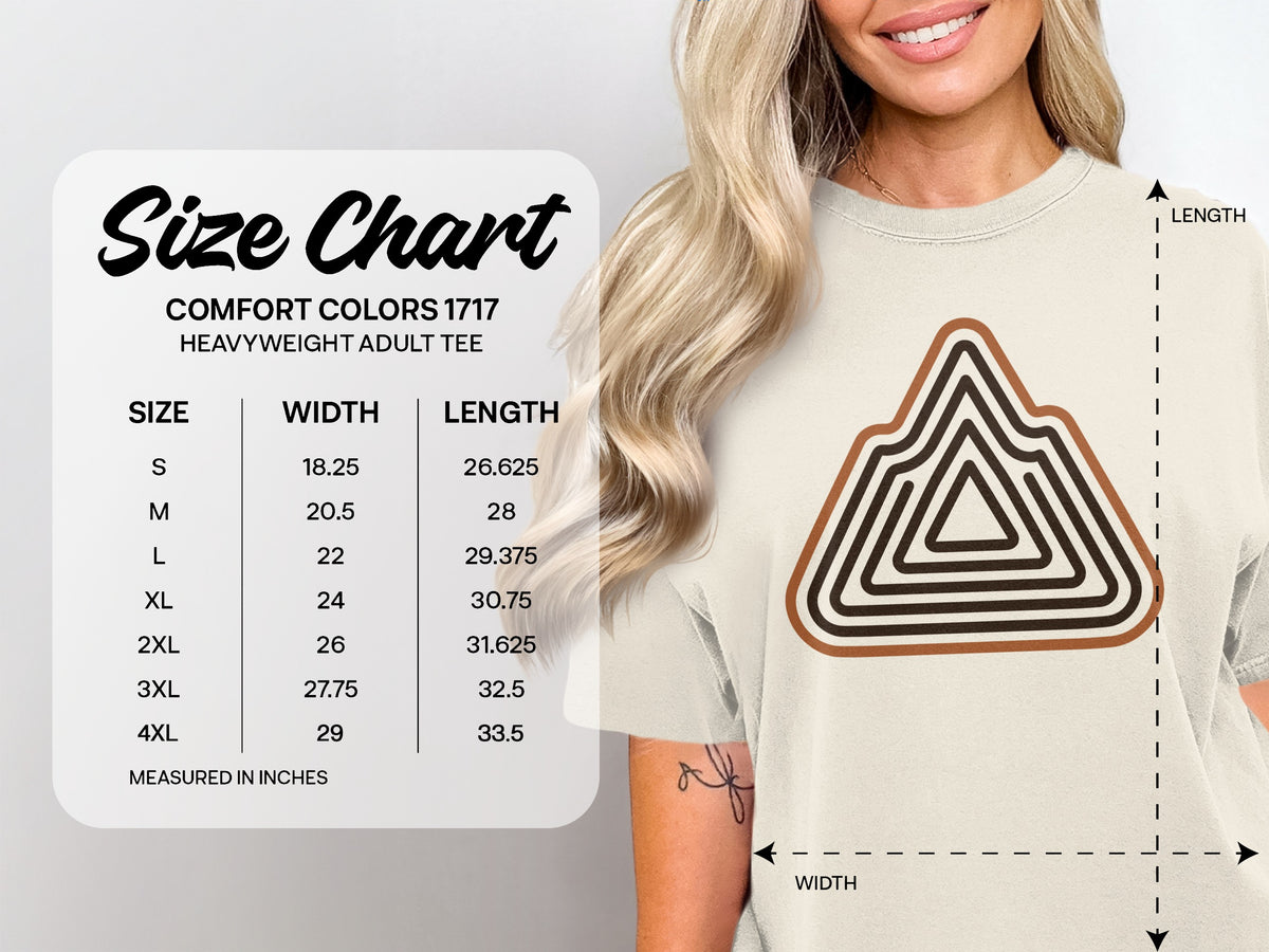 Comfort Colors 1717 heavyweight adult tee size chart with width and length measurements.