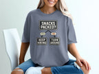 T-shirt graphic reads "SNACKS PACKED? YES KEEP HIKING, NO TURN AROUND".