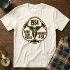 White t-shirt with "1984," "Brave New World," and "Fahrenheit 451" text design.