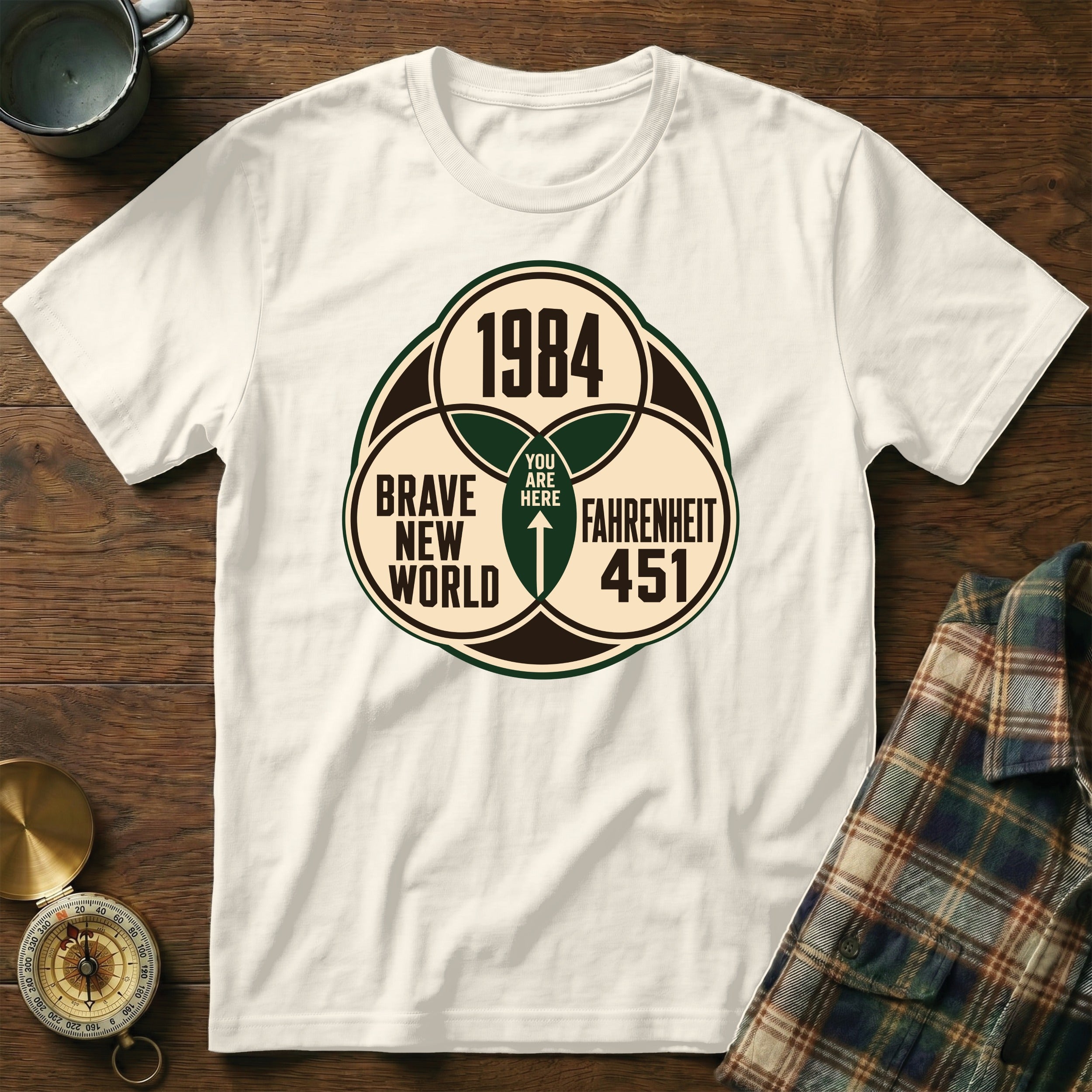 White t-shirt with "1984," "Brave New World," and "Fahrenheit 451" text design.