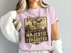 Deer in scout uniform blowing a horn with text "Majestic But Exhausted".