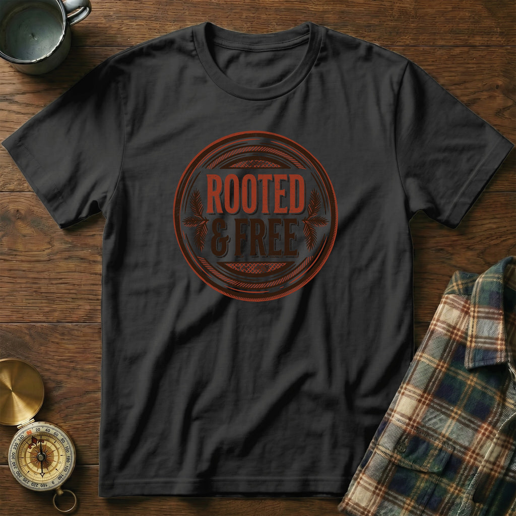 Black t-shirt with circular "Rooted & Free" graphic and a compass.